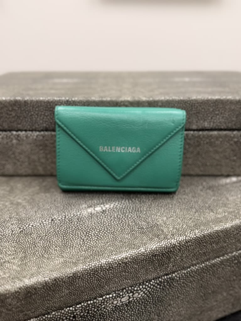 Balenciaga Green Leather Everyday Mini Papier Trifold Wallet 