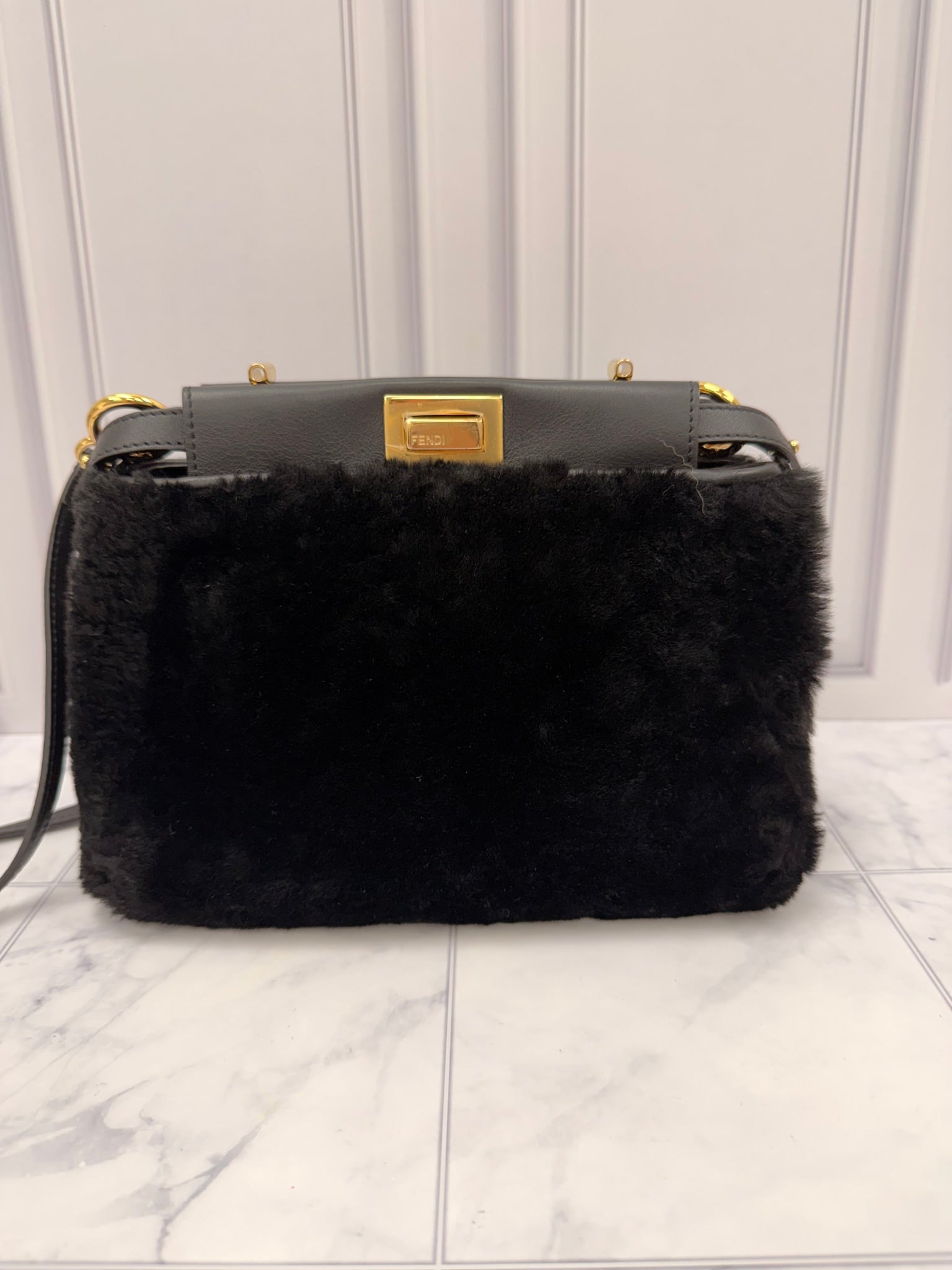 LIKE NEW - Fendi Black Shearling & Leather Petite Peek-A-Boo Bag 