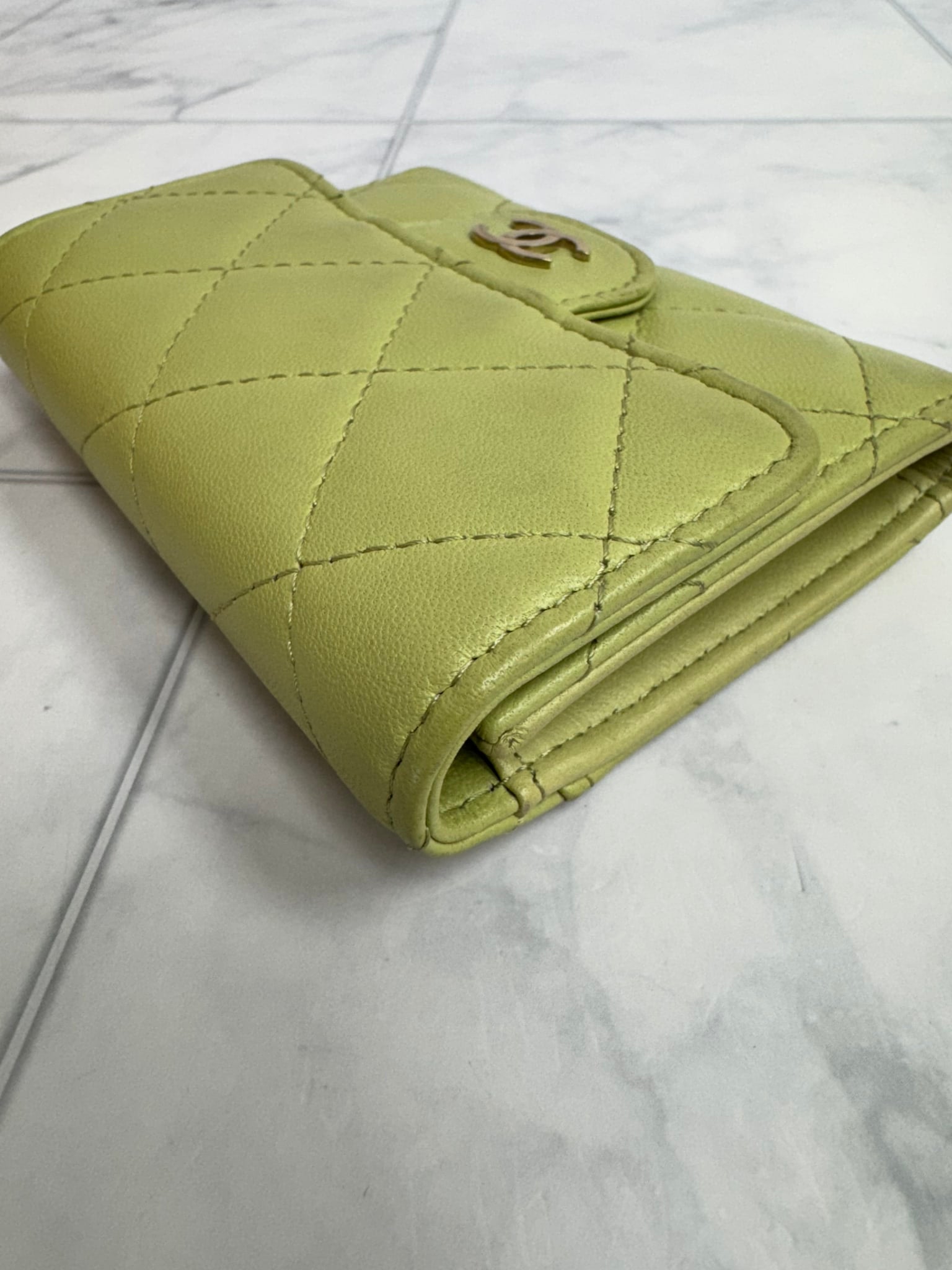 Chanel Green Diamond Quilted Leather Flap Compact Wallet