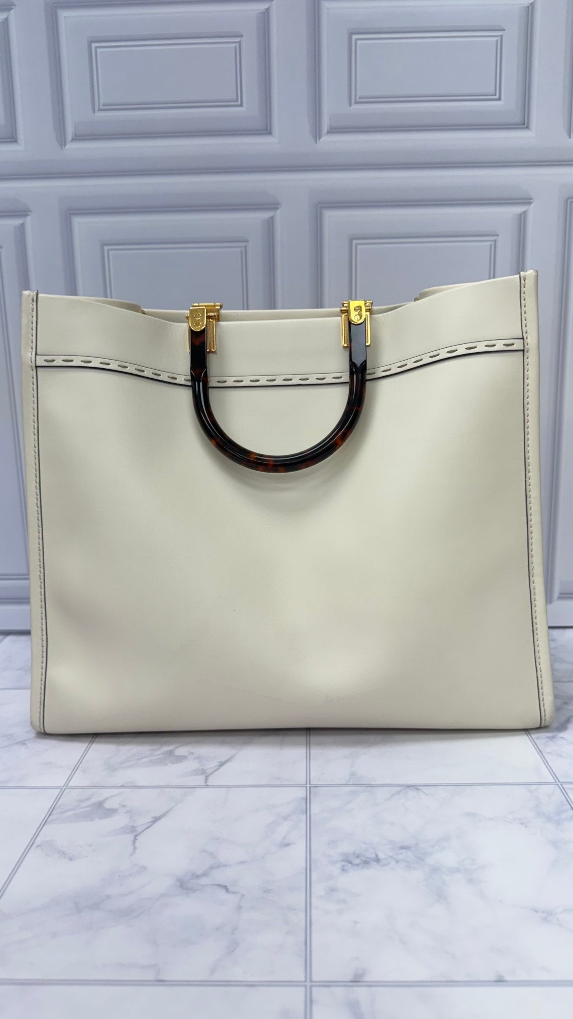 Fendi Cream Leather Sunshine Medium Tote Bag 