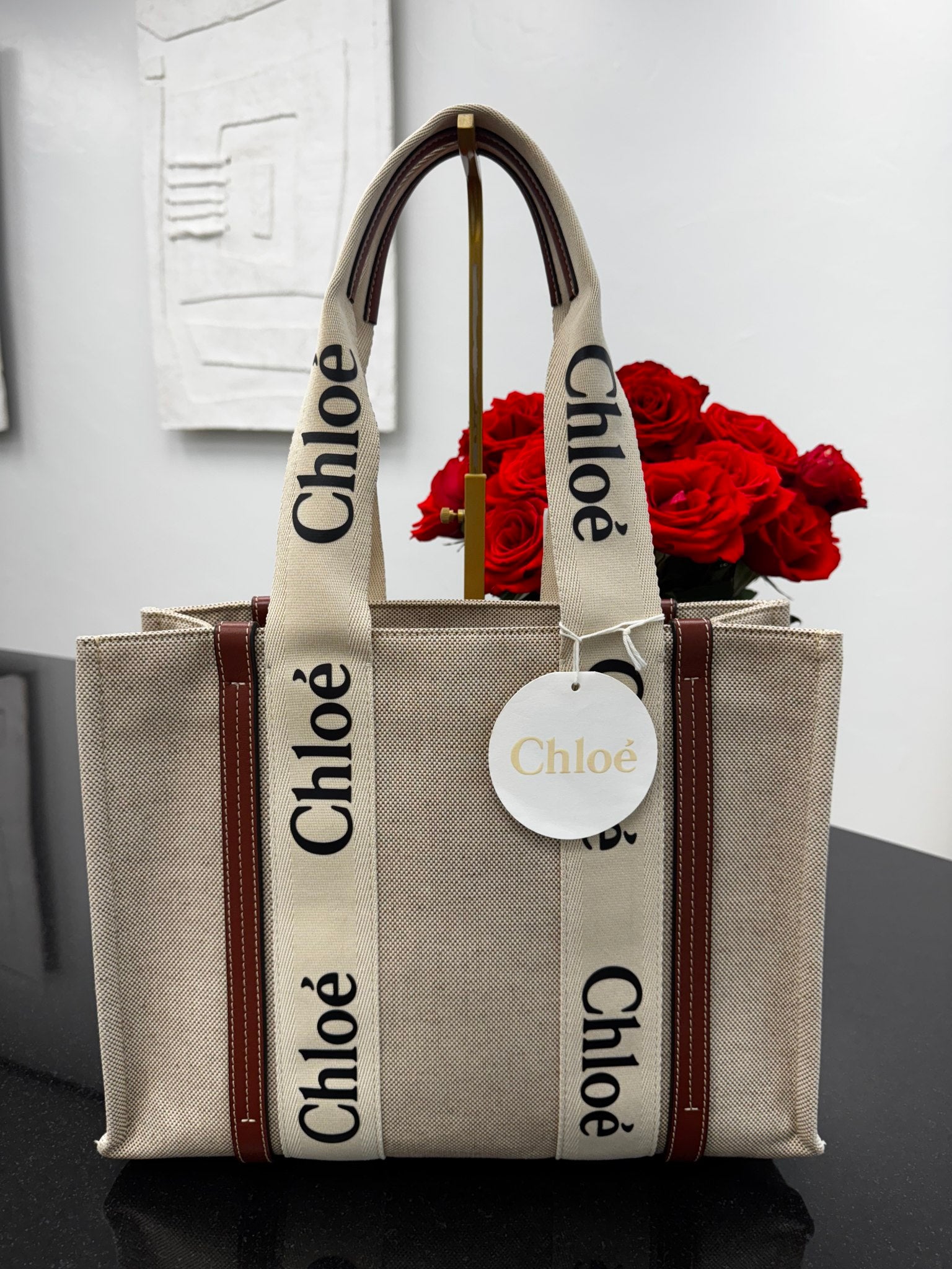 Chloe Beige Canvas Woody Medium Tote Bag