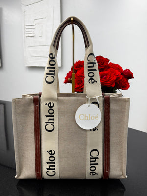 Chloe Beige Canvas Woody Medium Tote Bag