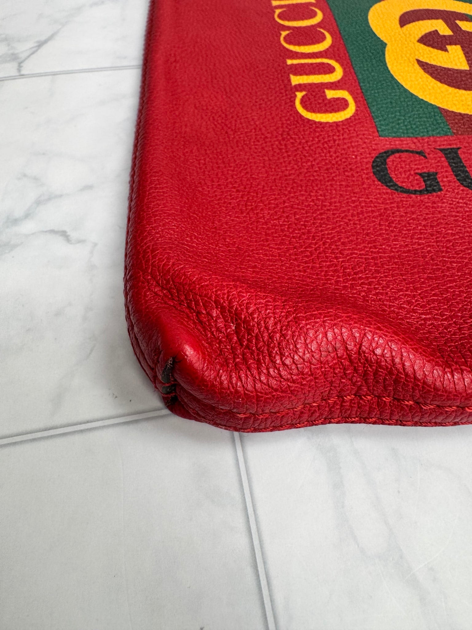 Gucci Red Logo Print Grained Leather Pouch