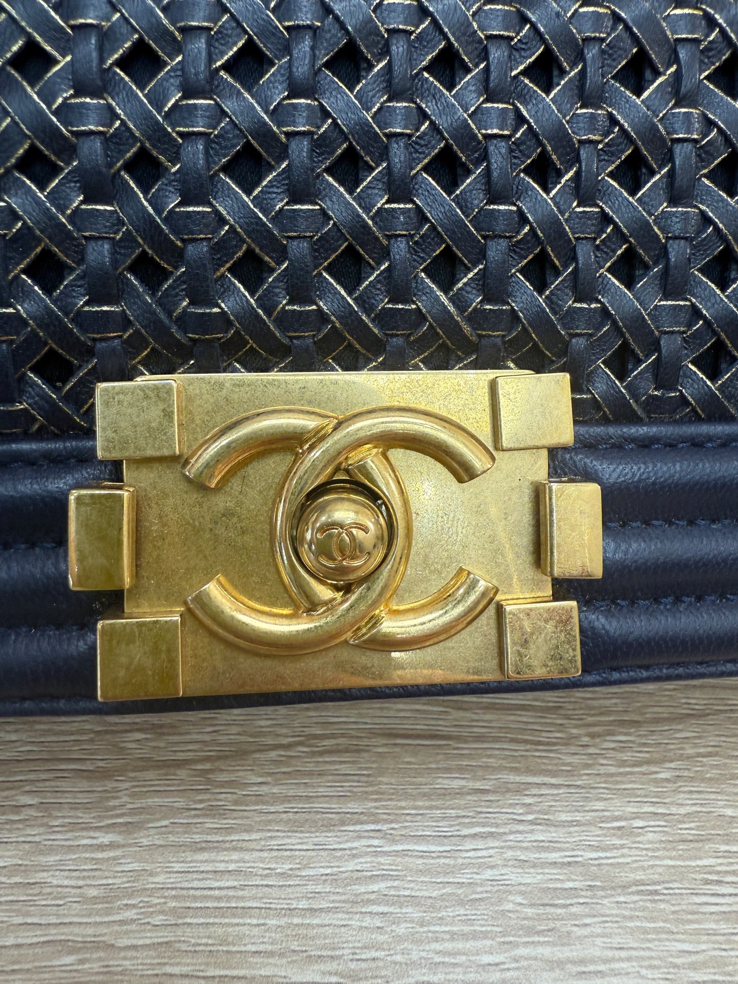 Chanel Navy Lambskin Braided Woven Boy Flap