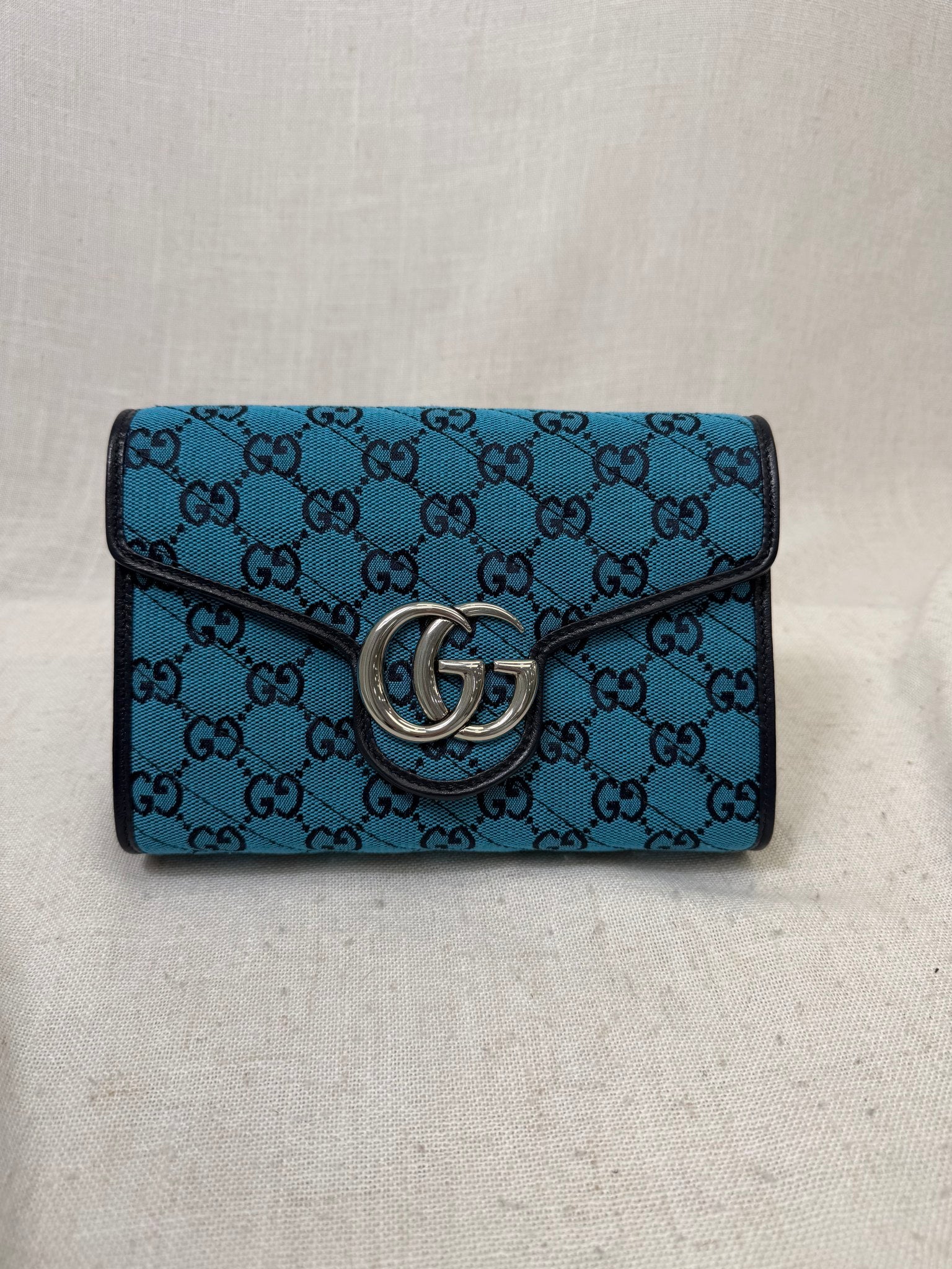 Gucci Blue GG Marmont Canvas Wallet on Chain 