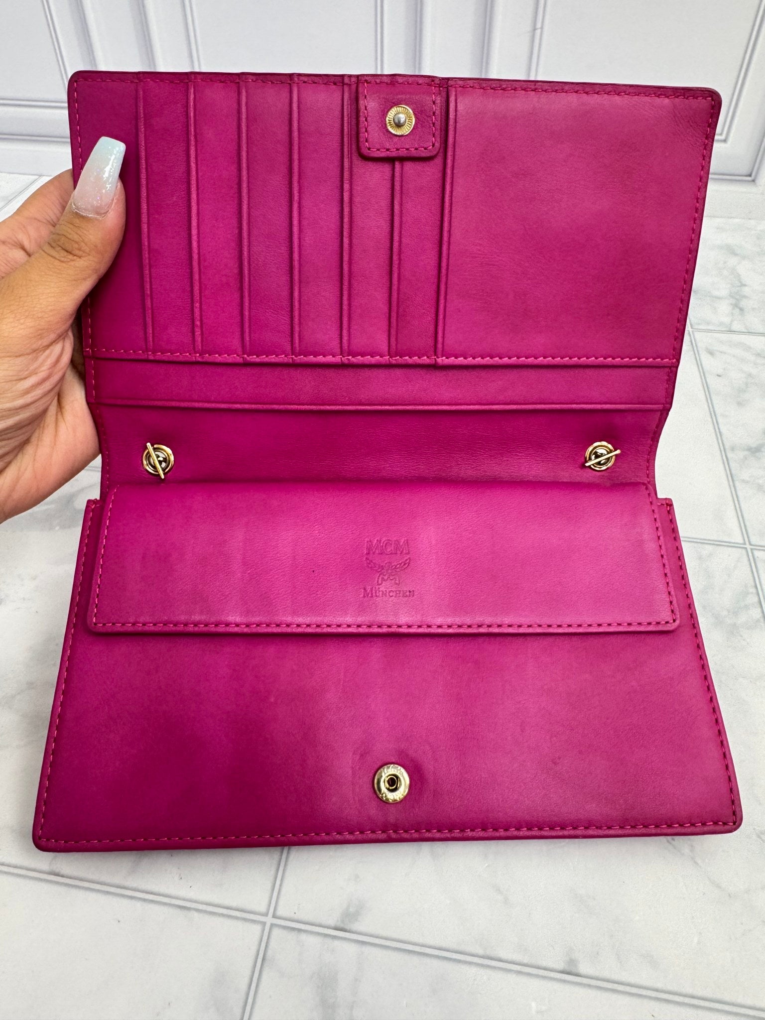 MCM Pink Studded Leather Wallet On A Chain