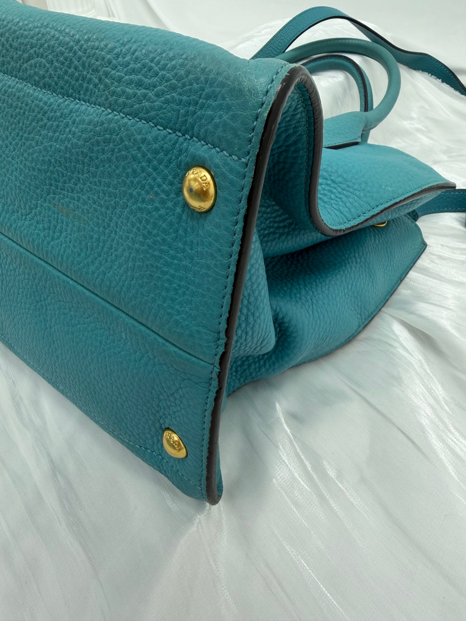 Prada Teal Pebbled Leather Daino 2Way Tote