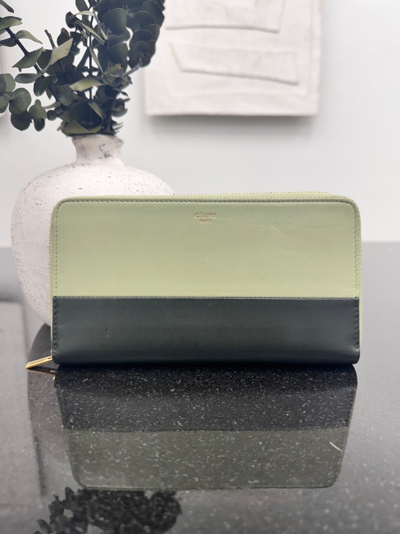 Celine Green And Black Leather Zippy Wallet
