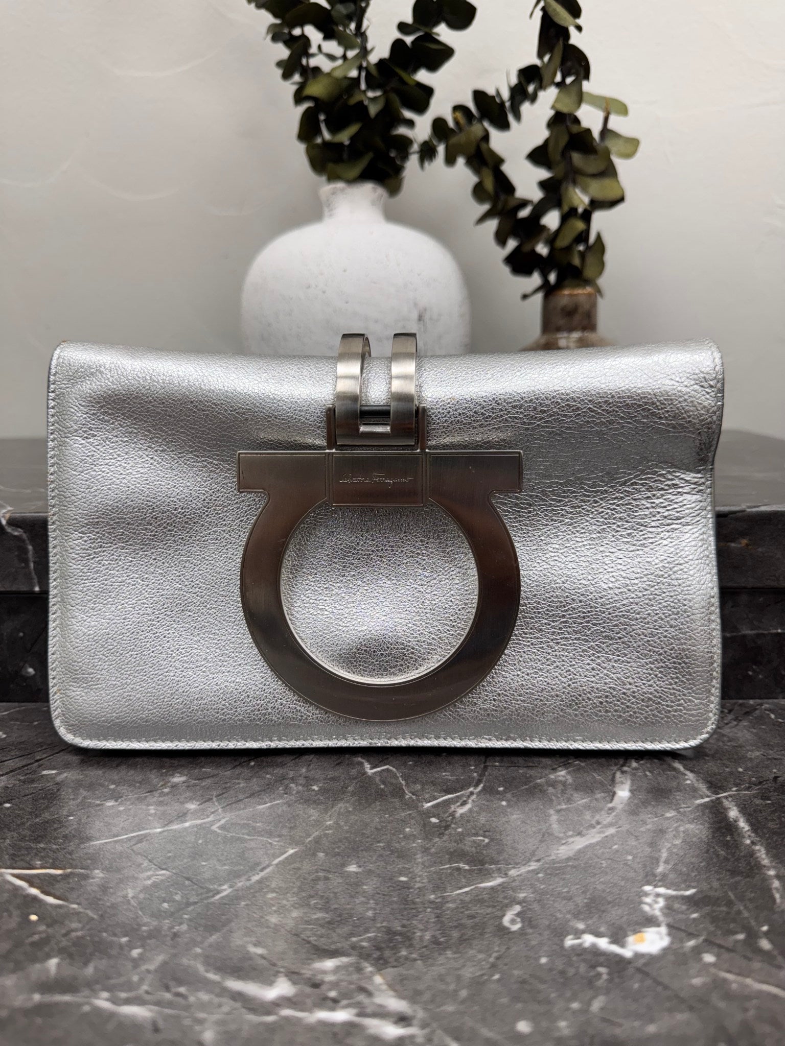 Salvatore Ferragamo Metallic Silver Calfskin Leather Clutch