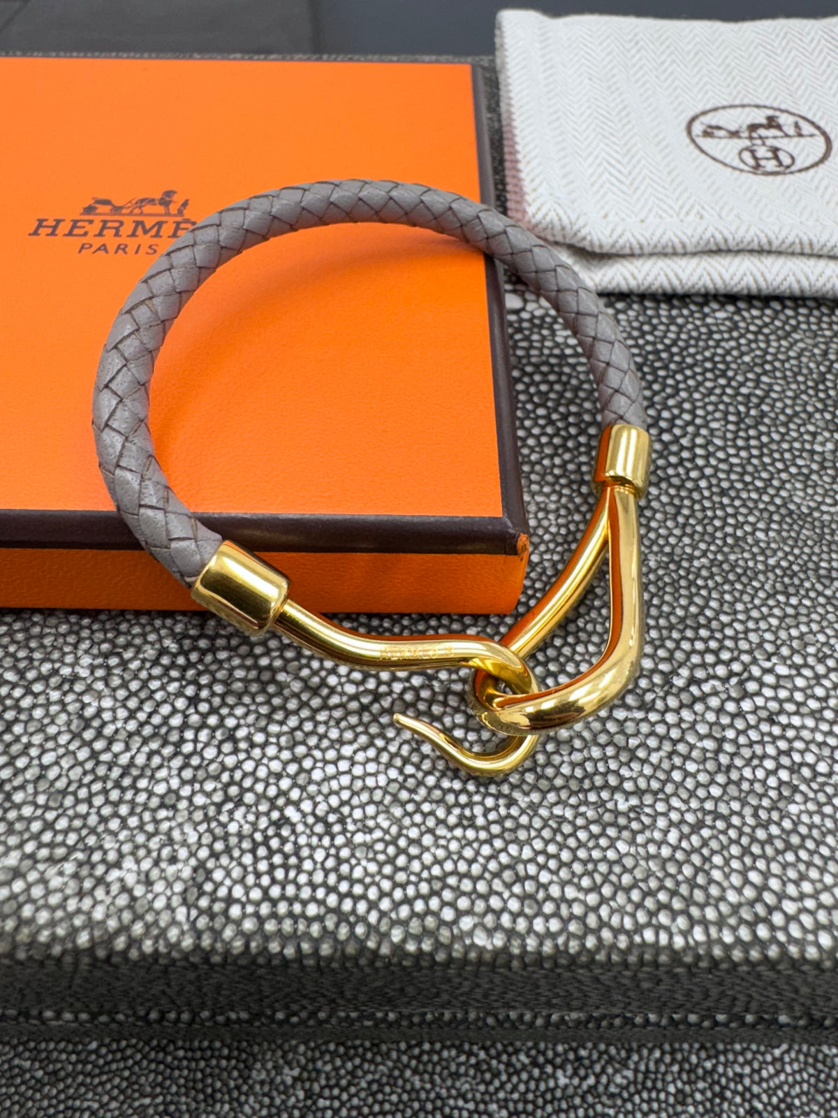 Hermes Grey Leather Jumbo Hook Bracelet