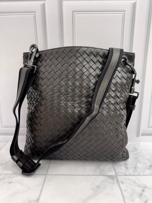 Bottega Veneta Dark Brown Intrecciato Leather Flat Messenger Crossbody Bag