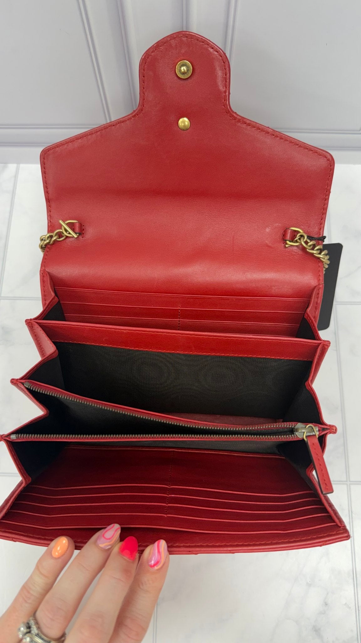 Gucci Red Leather Marmont Wallet on a Chain