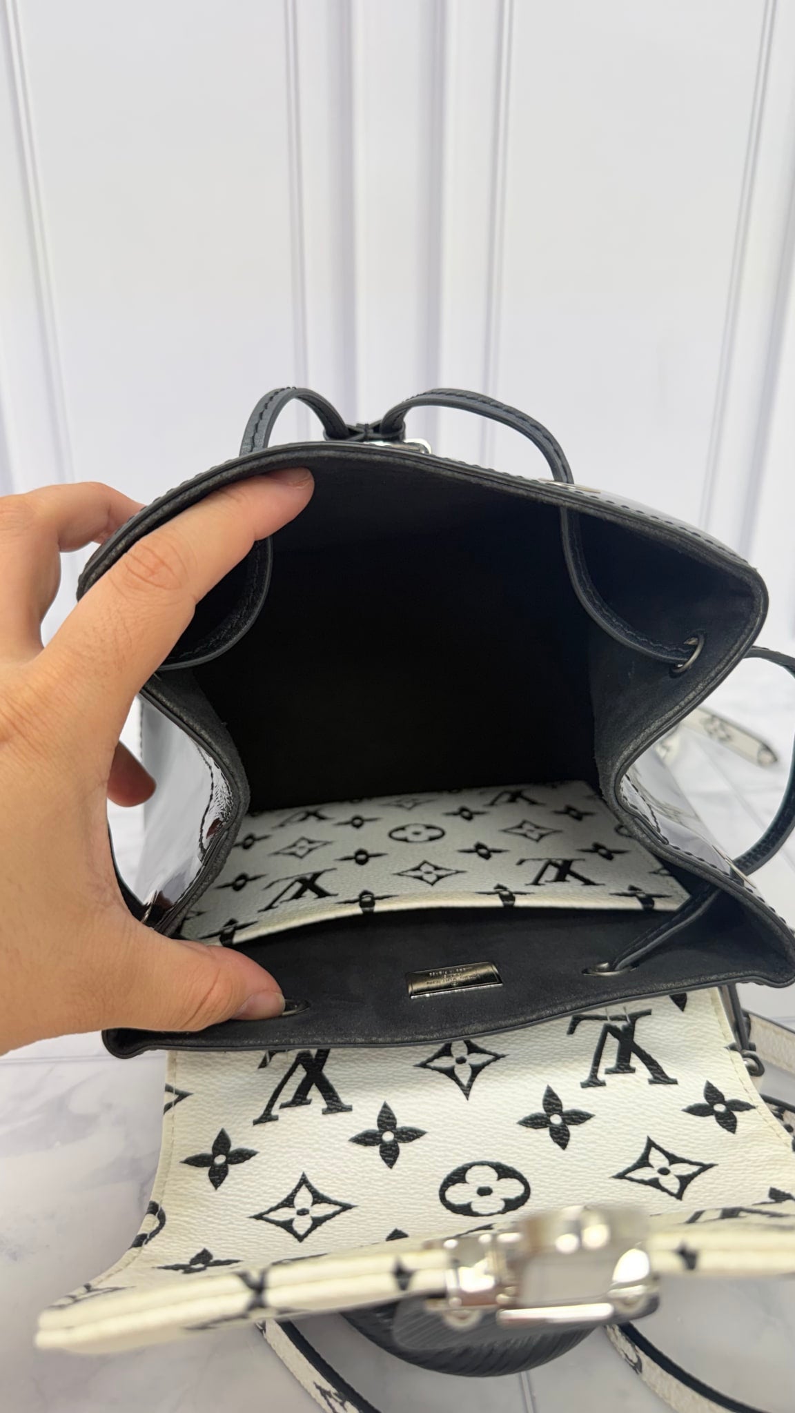 Louis Vuitton Black And White Patent Leather Monogram Hot Springs Mini Backpack