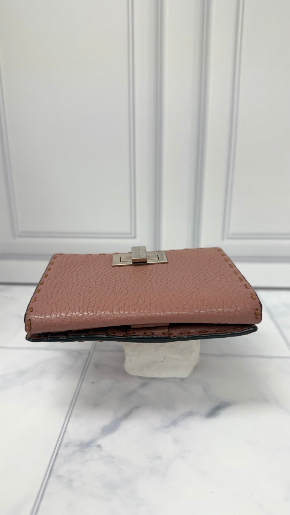 Fendi Pink Grained Leather Selleria Peekaboo Compact Wallet 