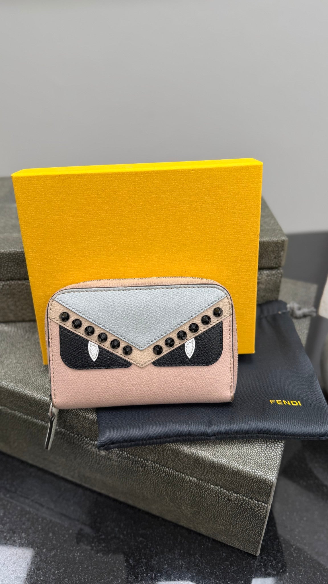 Fendi Coral & Grey Leather Studded Monster Compact Zippy Wallet 