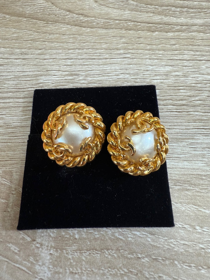 Chanel Gold CC Pearl Clip On Earrings