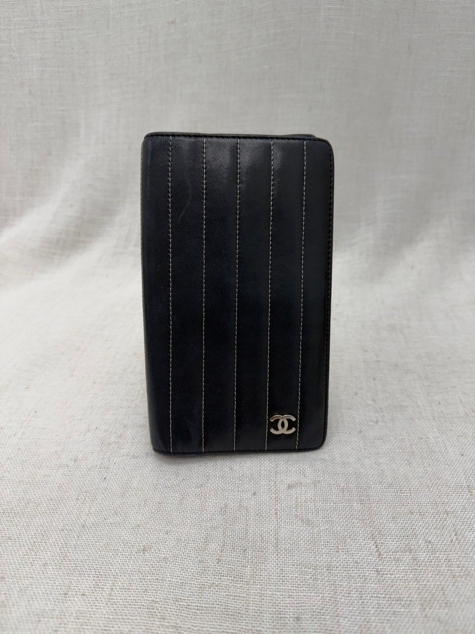 Chanel Black Leather Stripped Mademoiselle Long Wallet