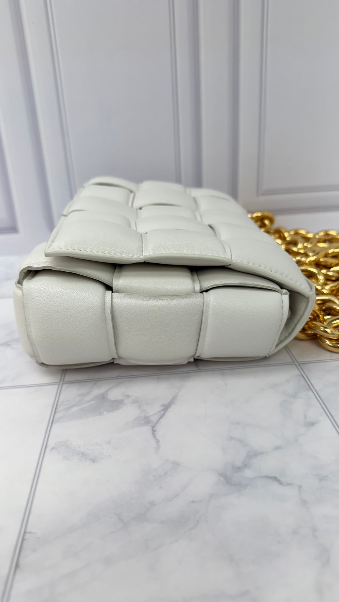 LIKE NEW - Bottega Veneta White Padded Maxi Intrecciato Leather Cassette Chain Crossbody Bag 