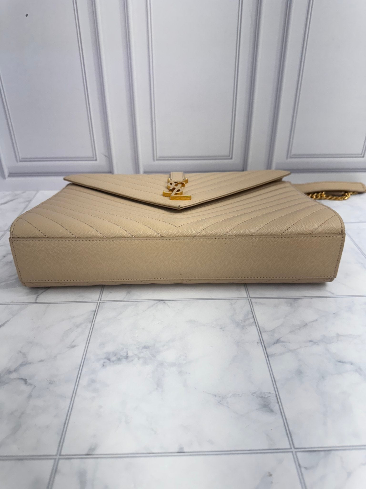 Saint Laurent YSL Beige Chevron Quilted Caviar Leather Large Monogram Envelope Chain Bag