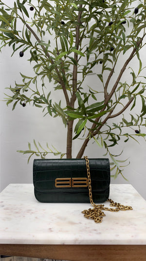 LIKE NEW -Balenciaga Green Croc Embossed Leather Small Signature Gossip Crossbody