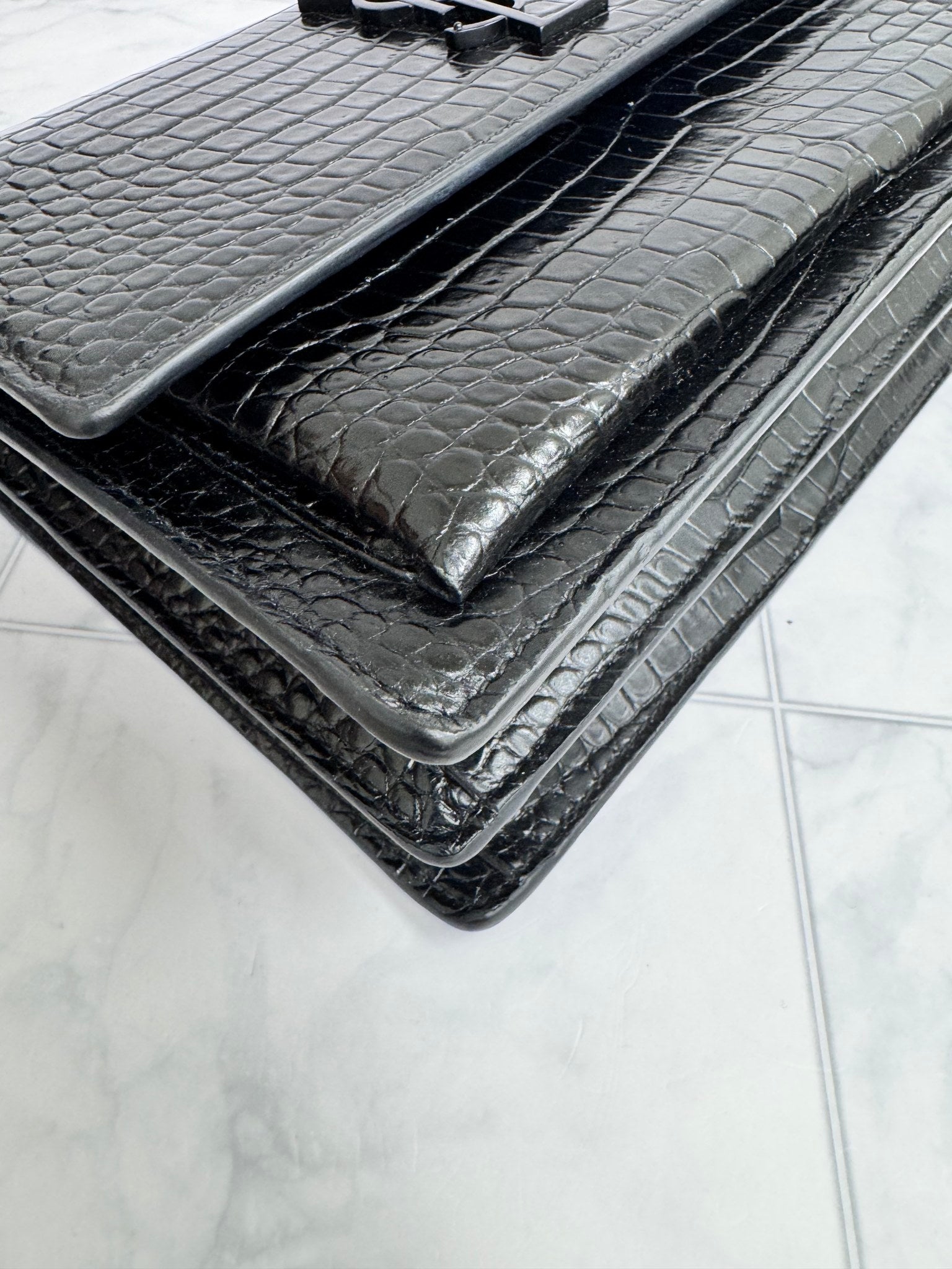 Saint Laurent YSL Black Croc Embossed Medium Sunset Bag