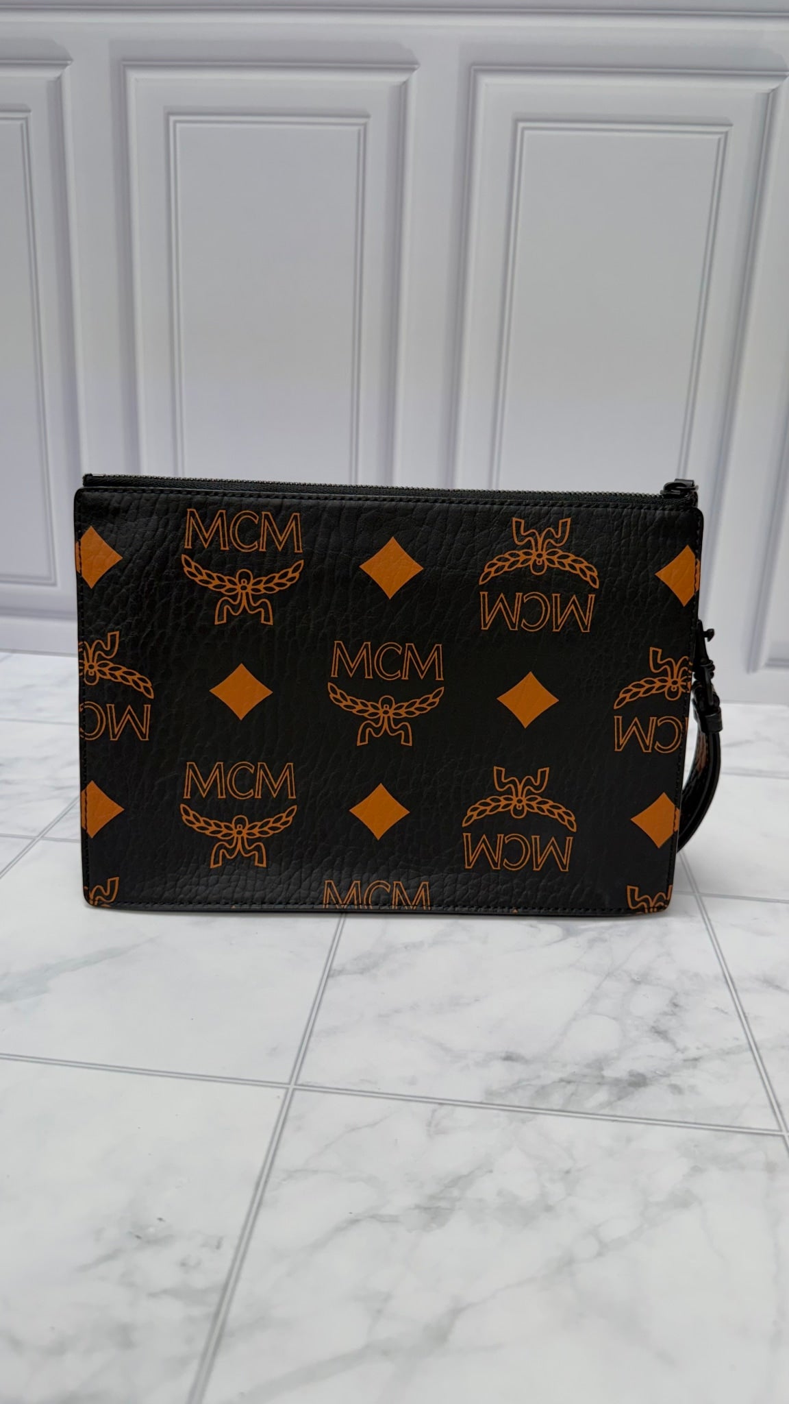 MCM Black & Orange Coated Canvas Pouch