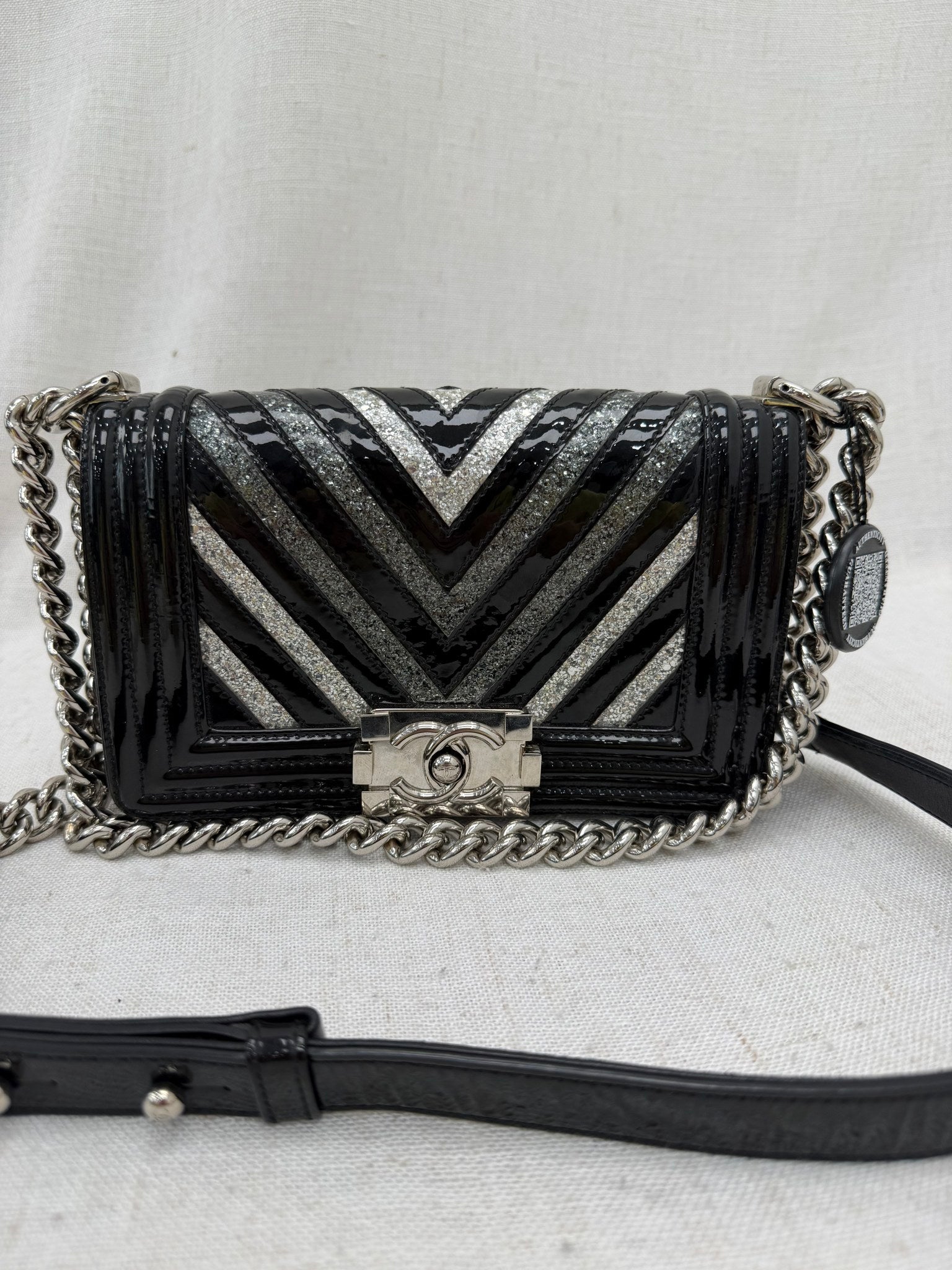 Chanel Black Patent Leather & Silver Glitter PVC Chevron Small Boy Bag