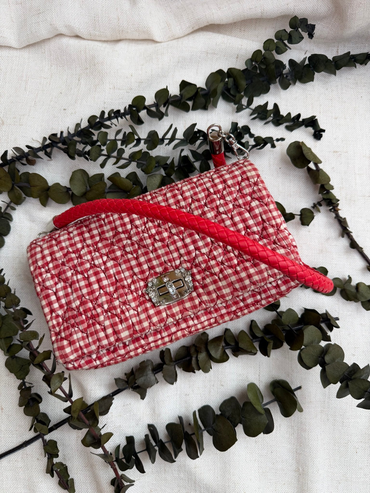 Miu Miu Red And White Plaid Vichy Crystal Shoulder Bag