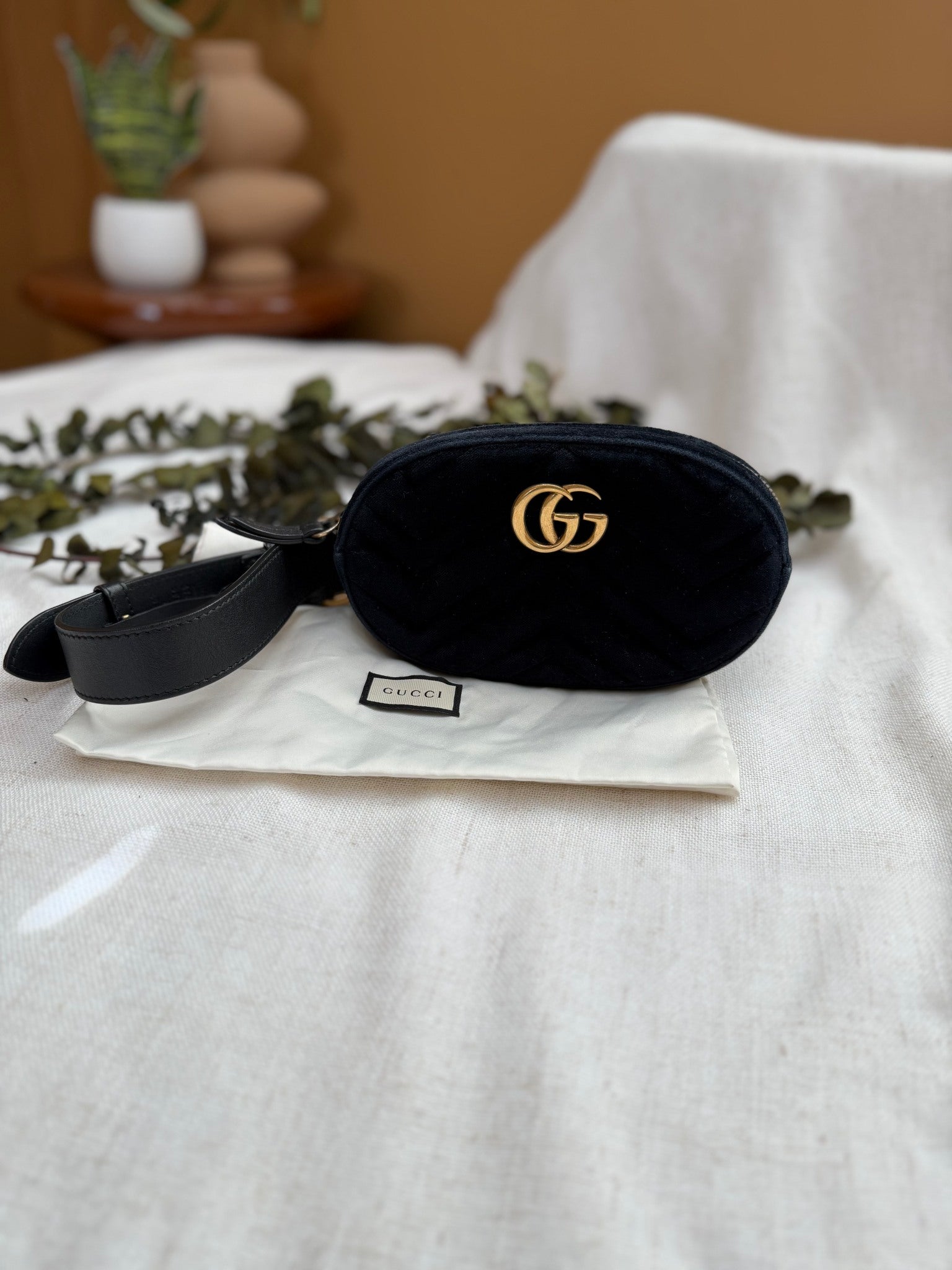 Gucci Black Velvet Marmont Belt Bag Size 75