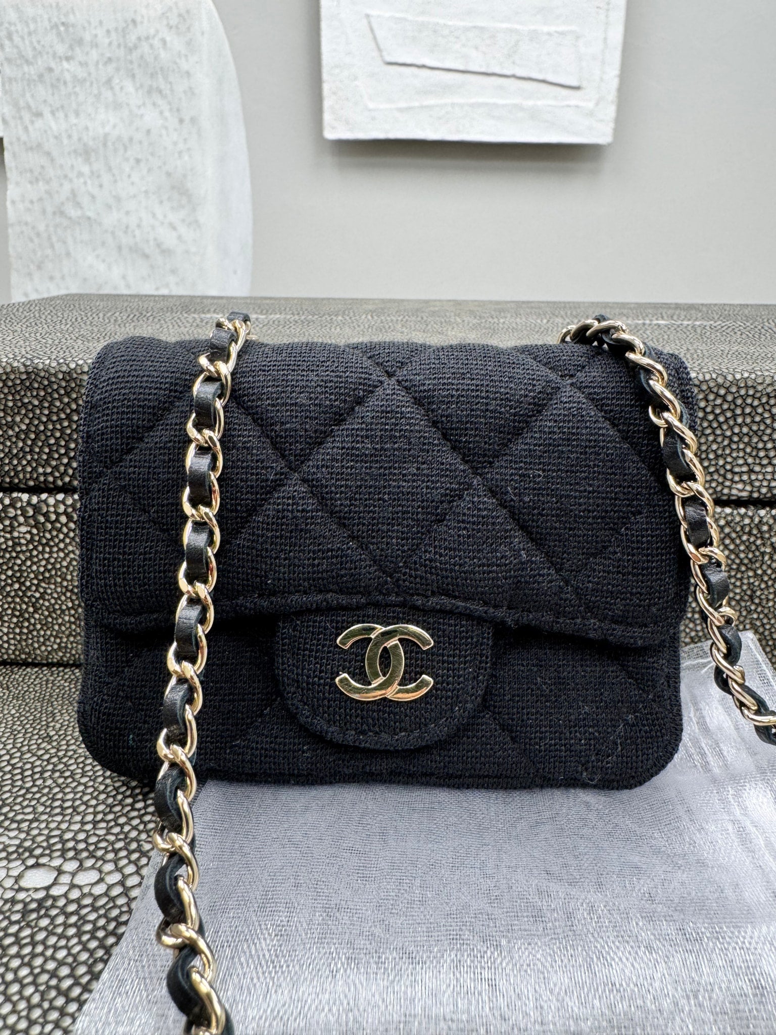 LIKE NEW - Chanel Black Diamond Quilted Jersey Fabric Micro Classic Flap Shoulder Bag