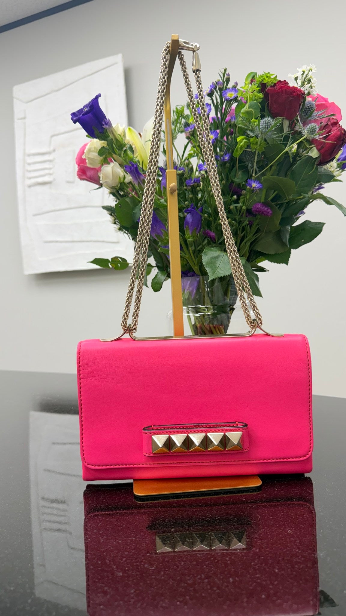Valentino Neon Pink Leather Rockstud Shoulder Bag 