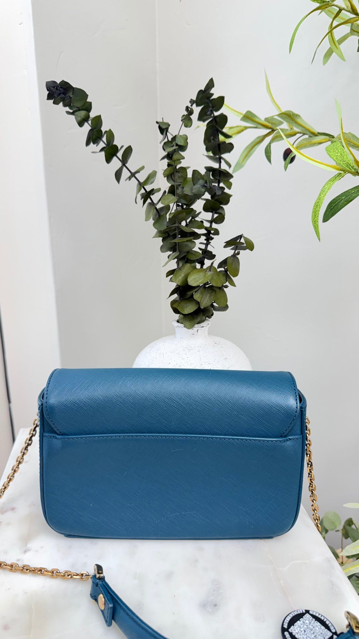 MCM Blue Saffiano Leather Chain Crossbody Bag