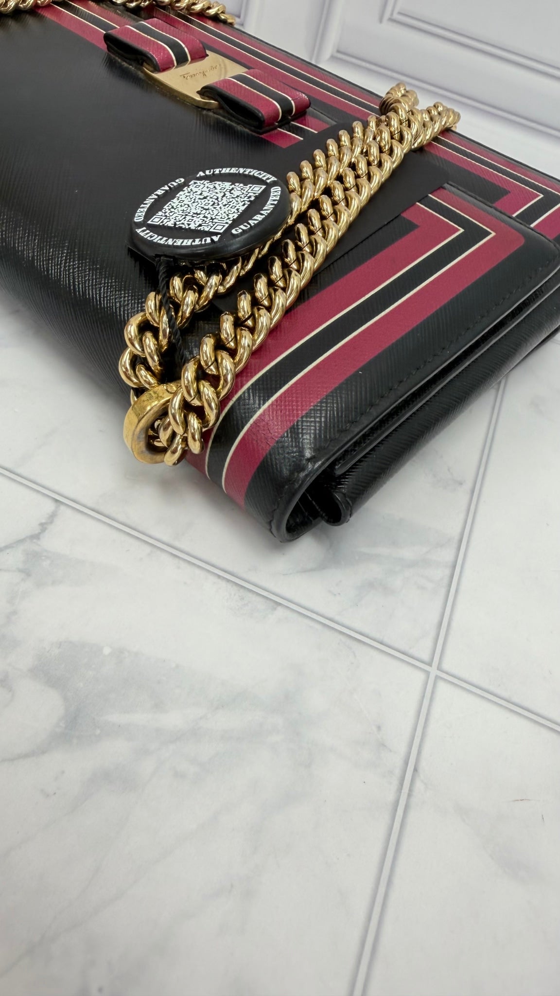 Salvatore Ferragamo Black Leather Pink Striped Chain Bag