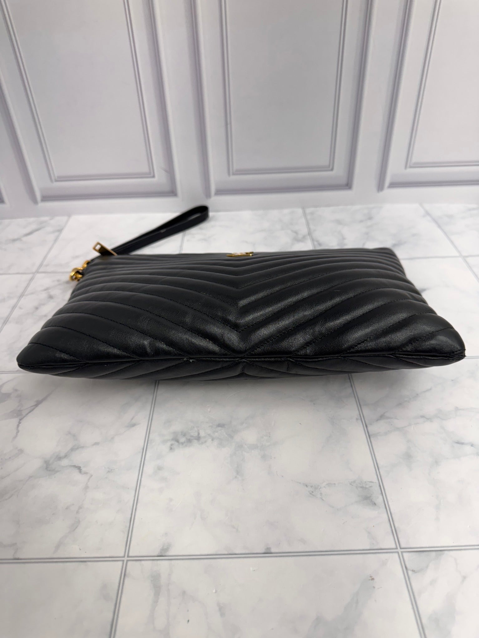 Saint Laurent YSL Black Chevron Quilted Leather Cassandre Large Pouch