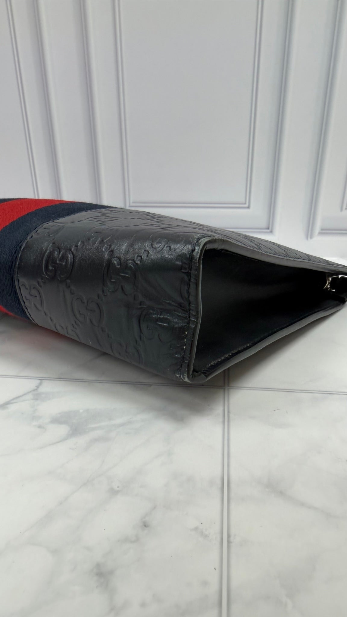 Gucci Navy Blue Guccissima Leather Web Pouch
