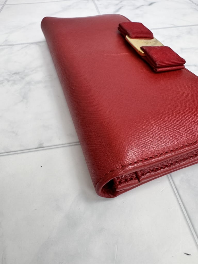Salvatore Ferragamo Red Saffiano Leather Vara Bow Long Wallet