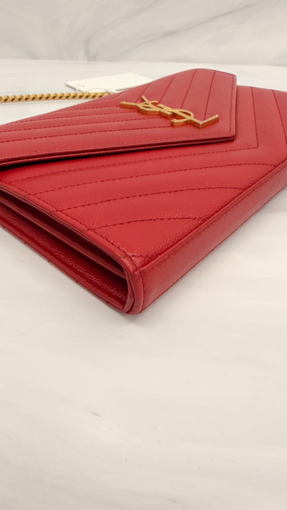 Saint Laurent YSL Red Grained Leather Wallet on A Chain