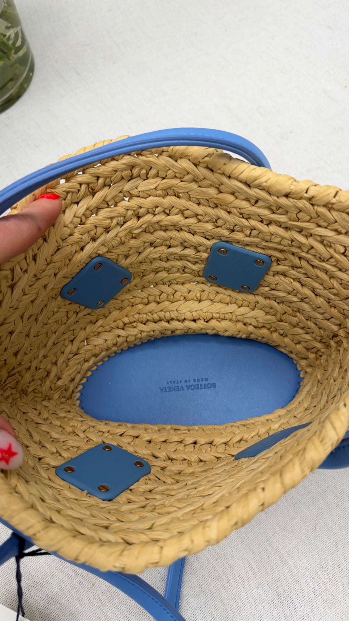 BRAND NEW- Bottega Veneta Raffia & Blue Leather Small Arco Basket Shoulder Bag