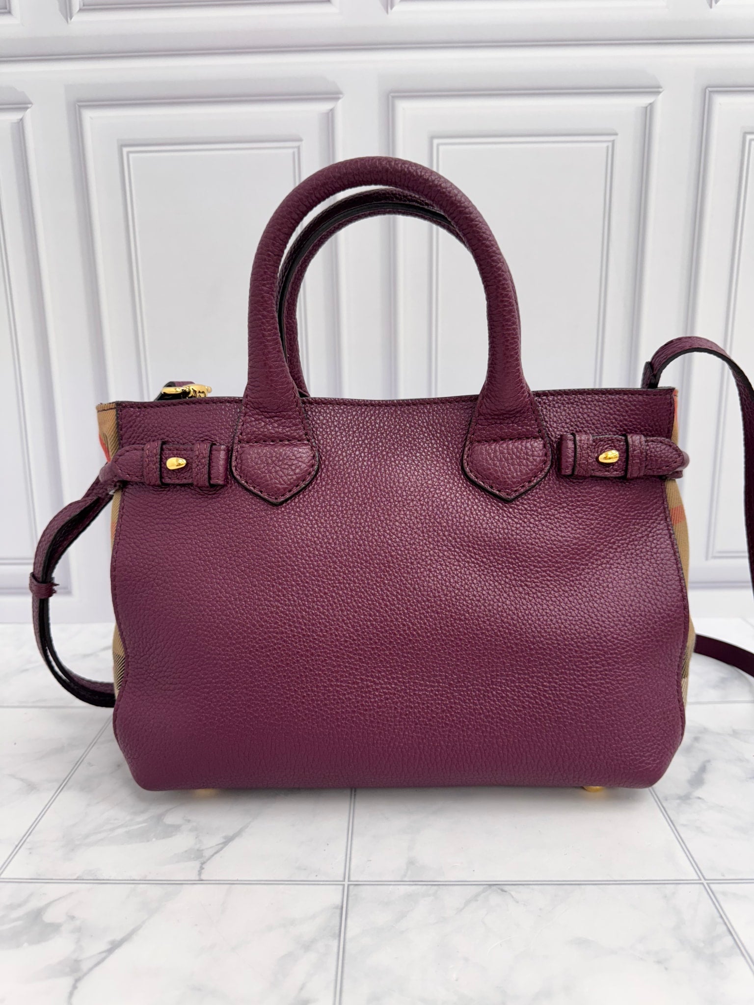 Burberry Maroon Grained Leather Small Tote Bag