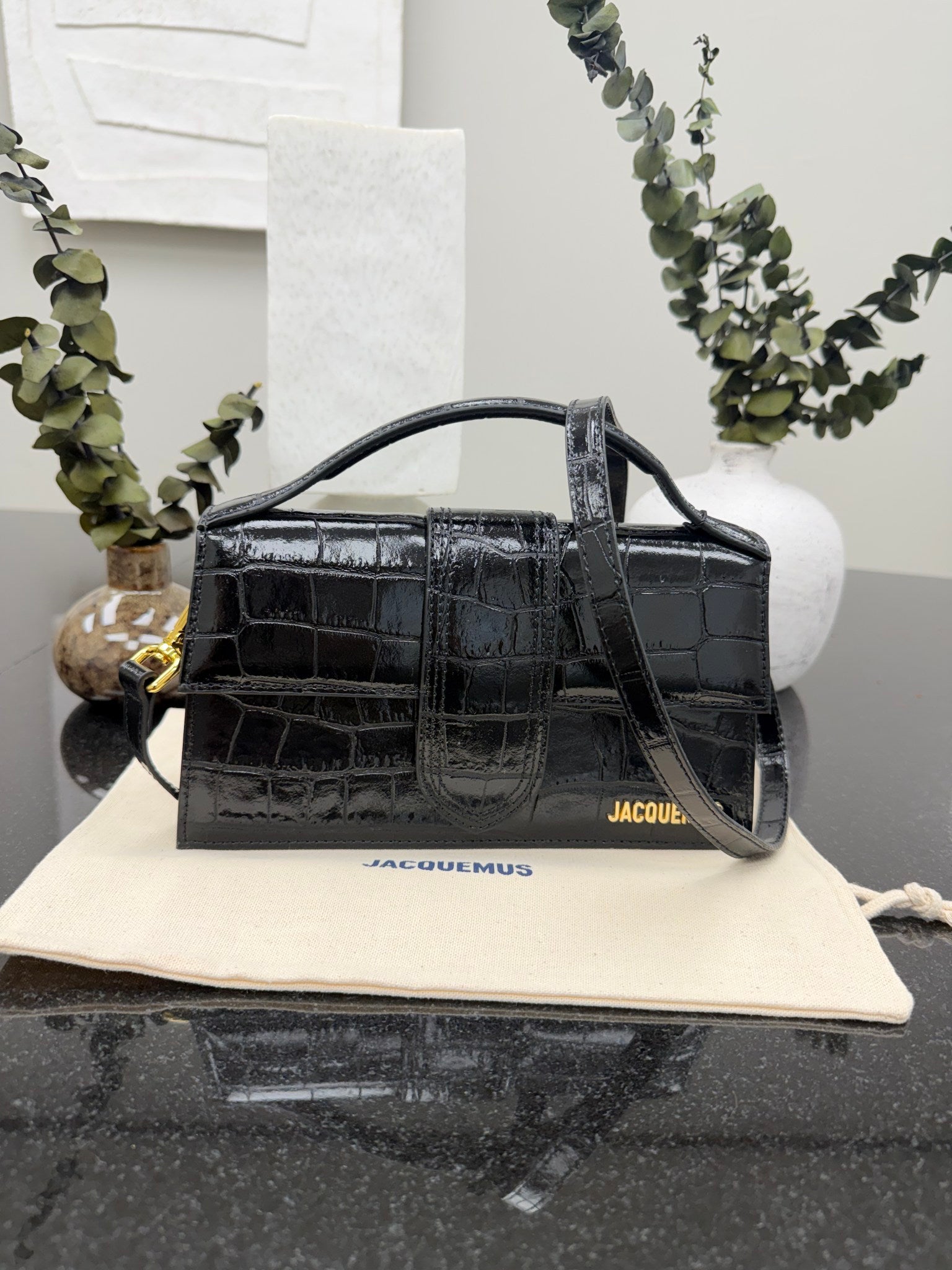 BRAND NEW - Jacquemus Black Croc Embossed Le Grand Bambino Handbag 2Way Handbag
