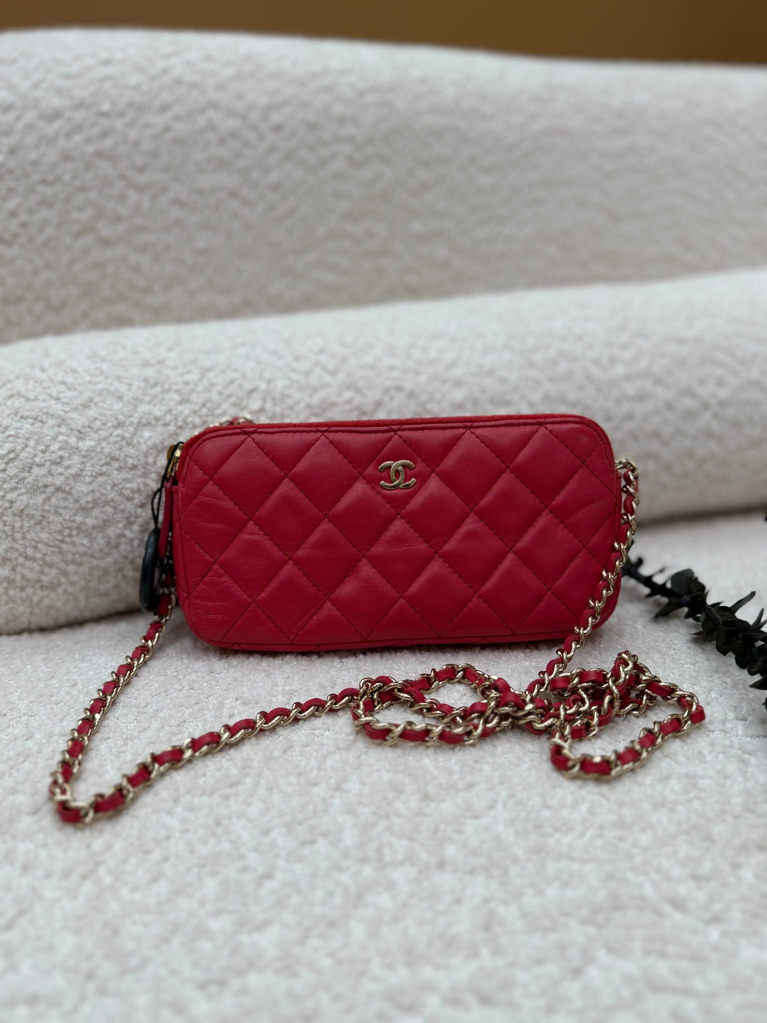 Chanel Red Lambskin Double Zippy Wallet On Chain
