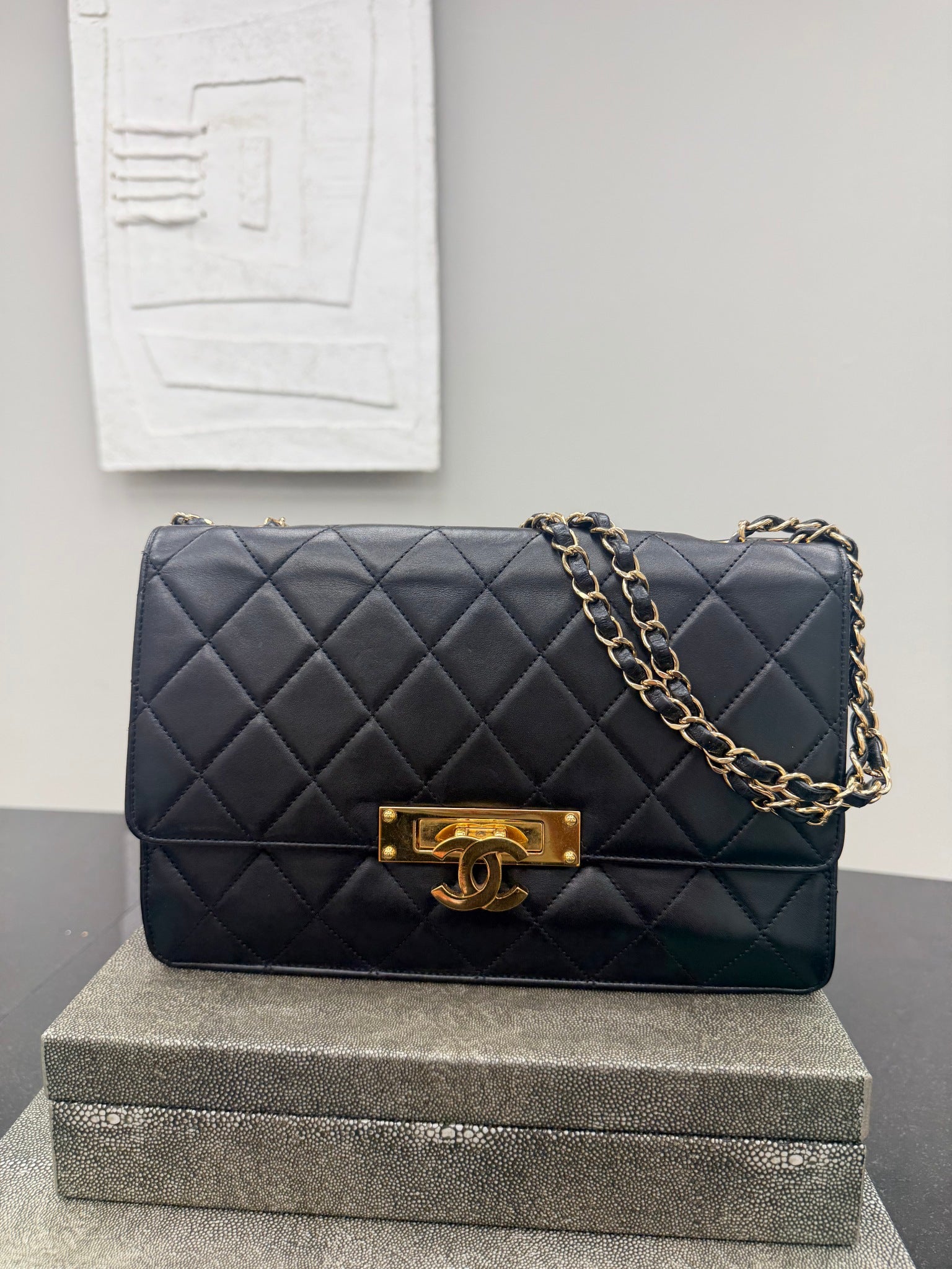 Chanel Black Lambskin Leather golden Class Flap Bag 