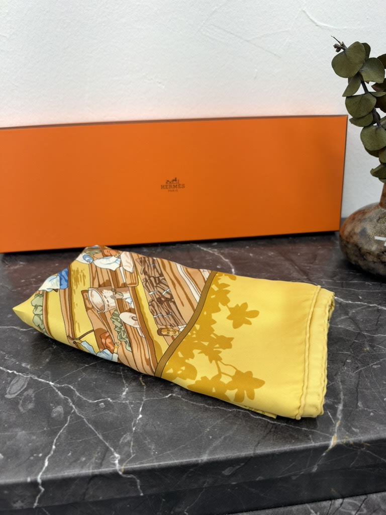 Hermes Yellow Silk Marche Flottant Du Lac Inle Scarf