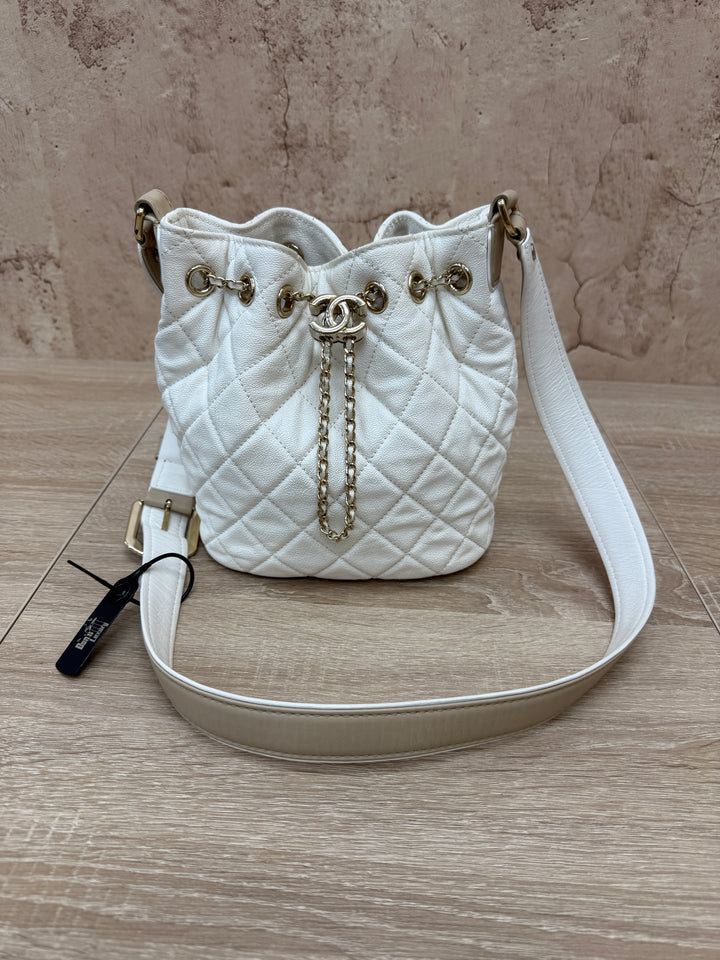 Chanel Ivory Caviar Leather Drawstring Bucket Bag
