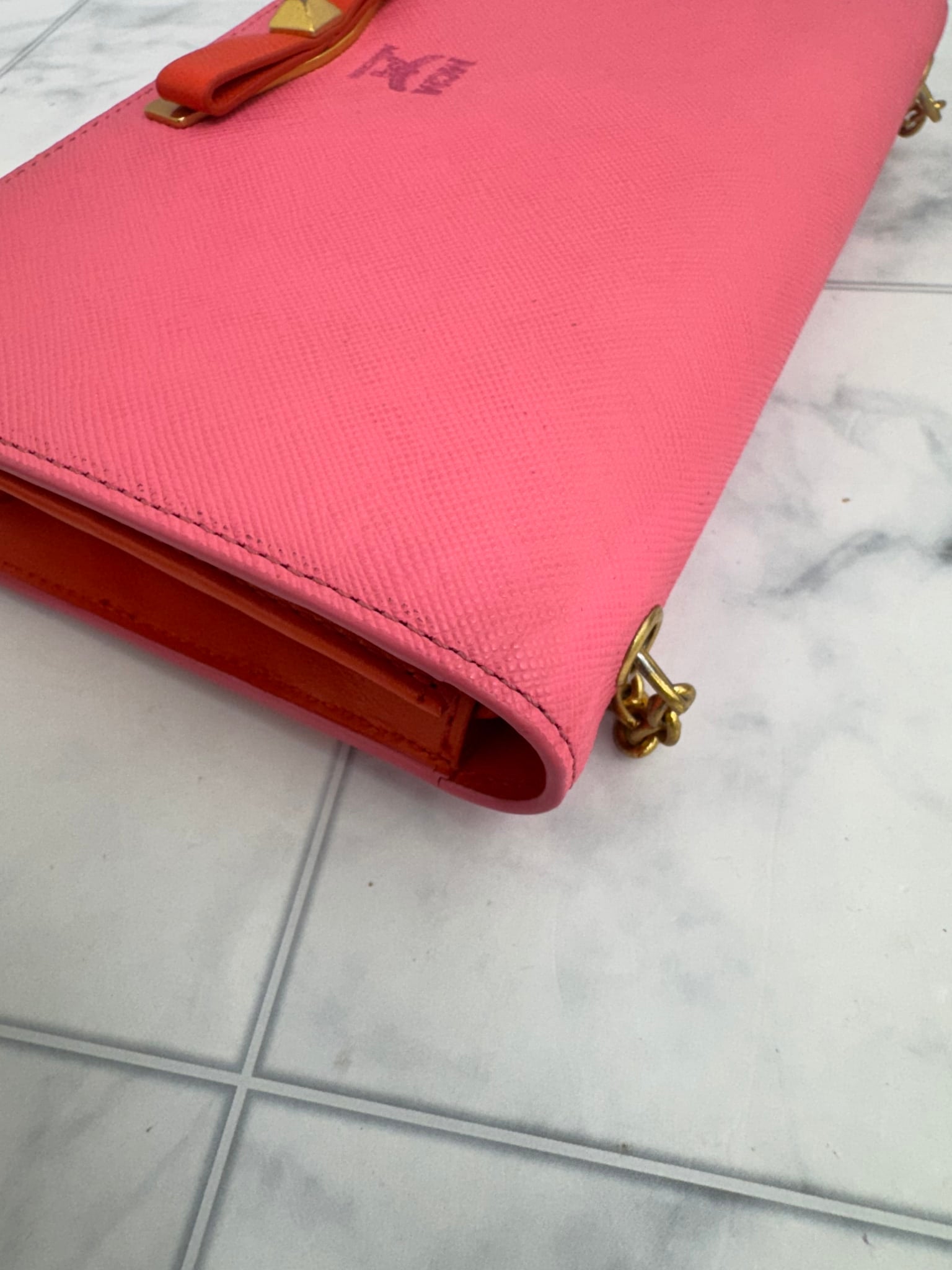 MCM Pink Saffiano Leather Wallet On A Chain