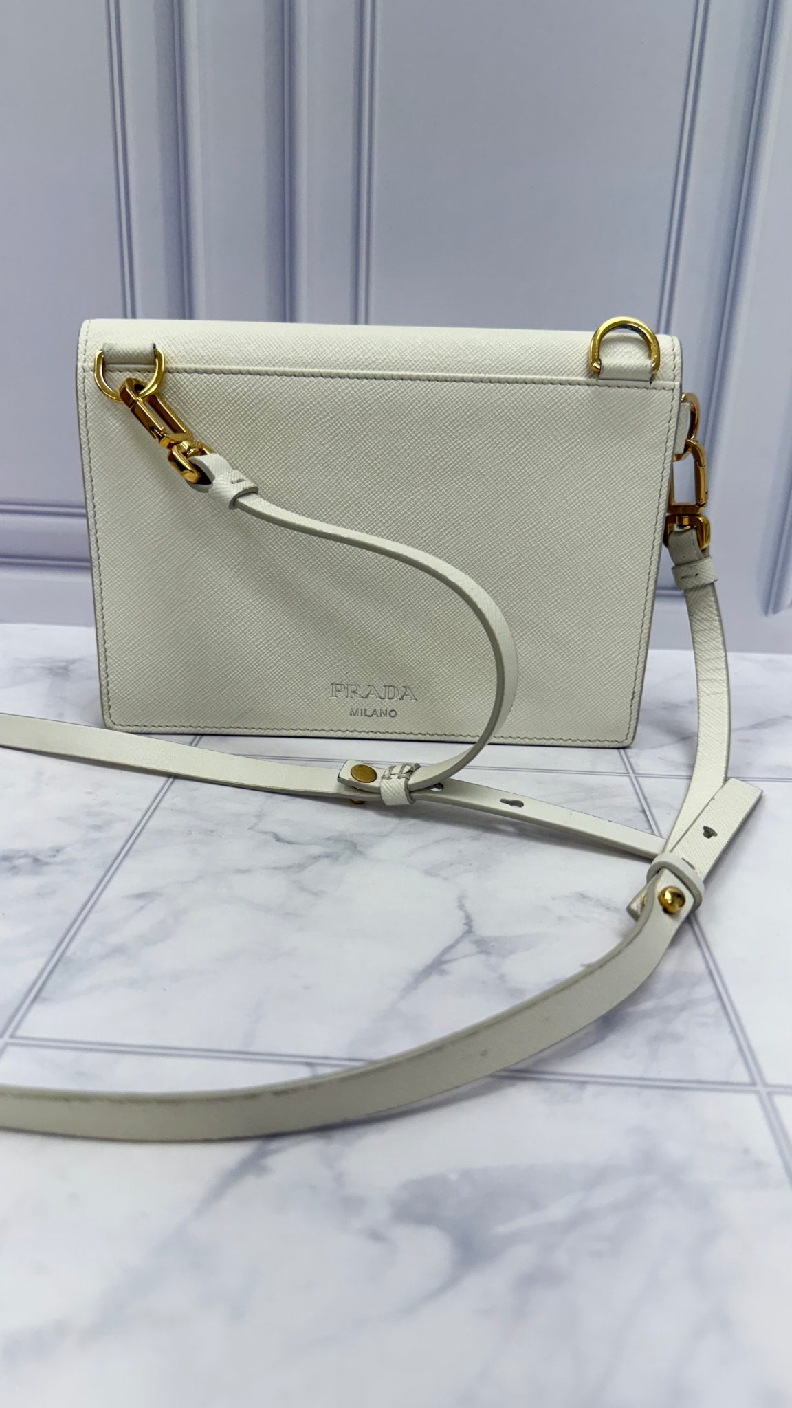 Prada White Saffiano Leather Broken Heart Lock Wallet on a Chain