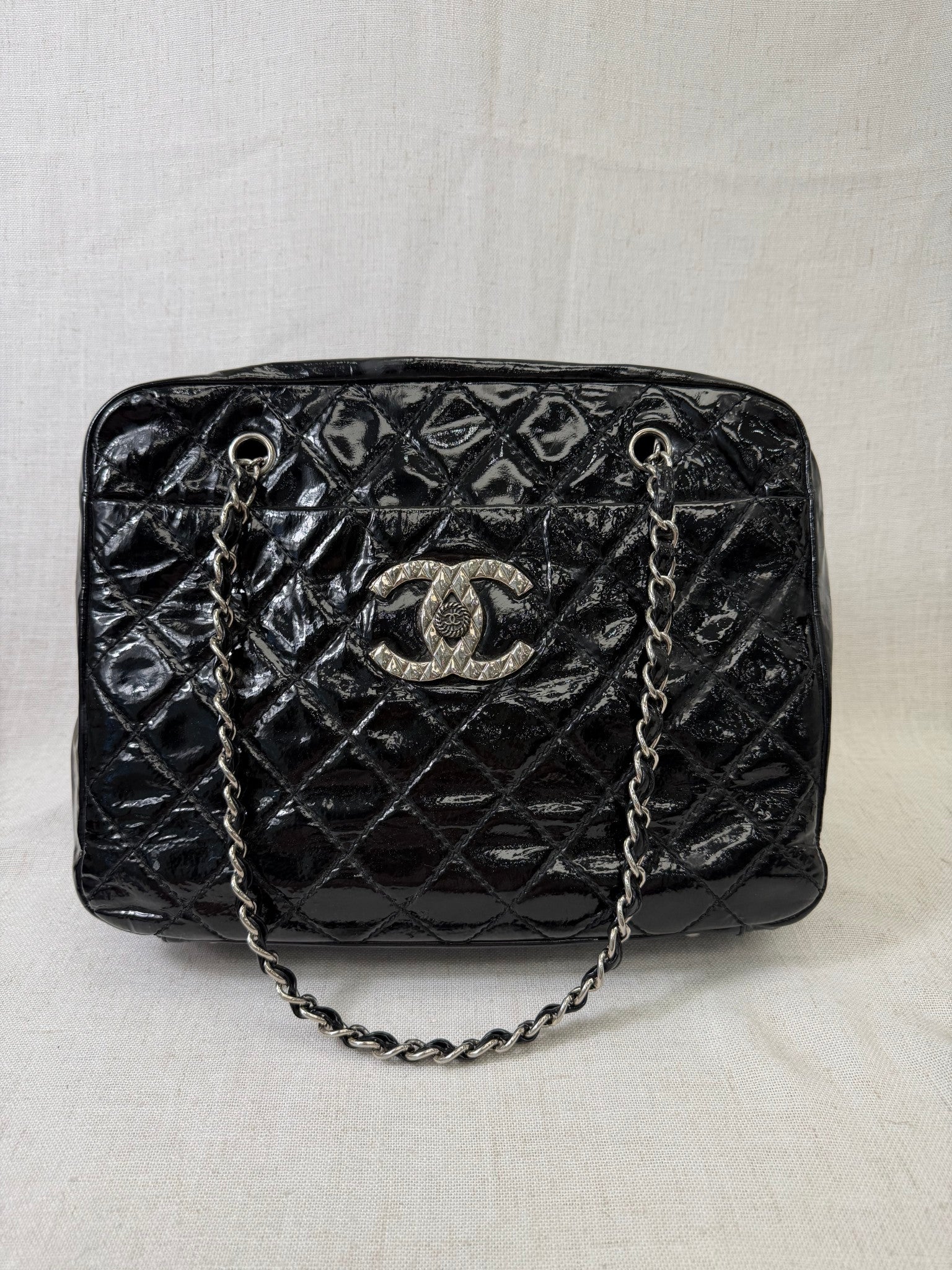 Chanel Black Patent Leather Quilted Tote Bag