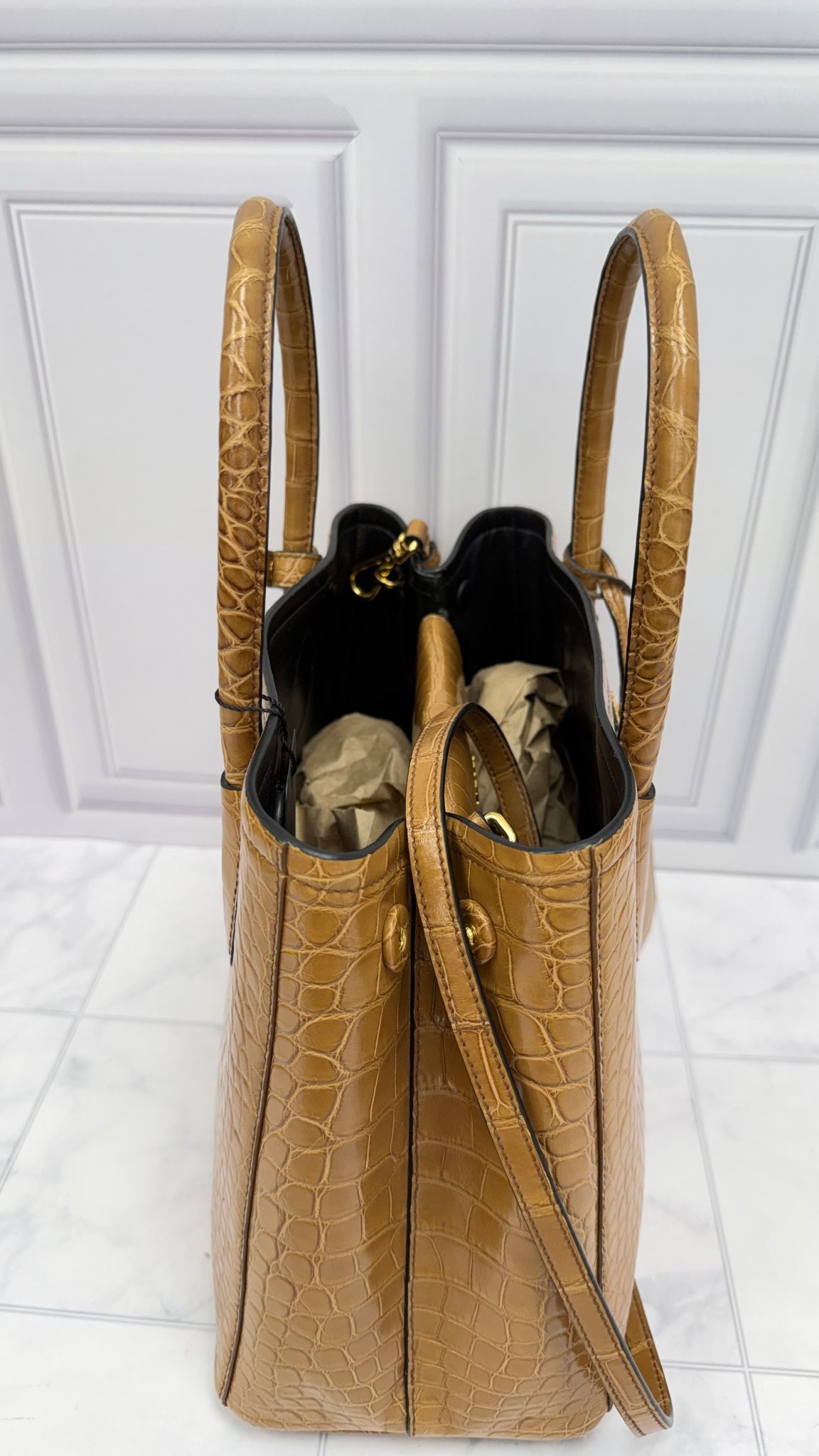 Prada Caramel Croc Embossed Leather Top Handle 2Way Bag