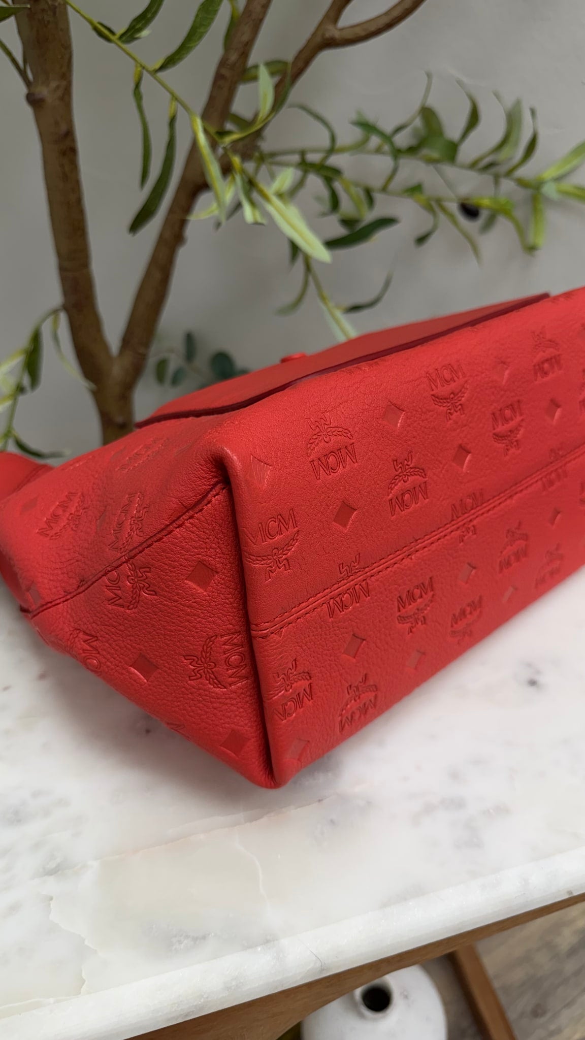 MCM Red Visetos Embossed Leather Klara Hobo Bag