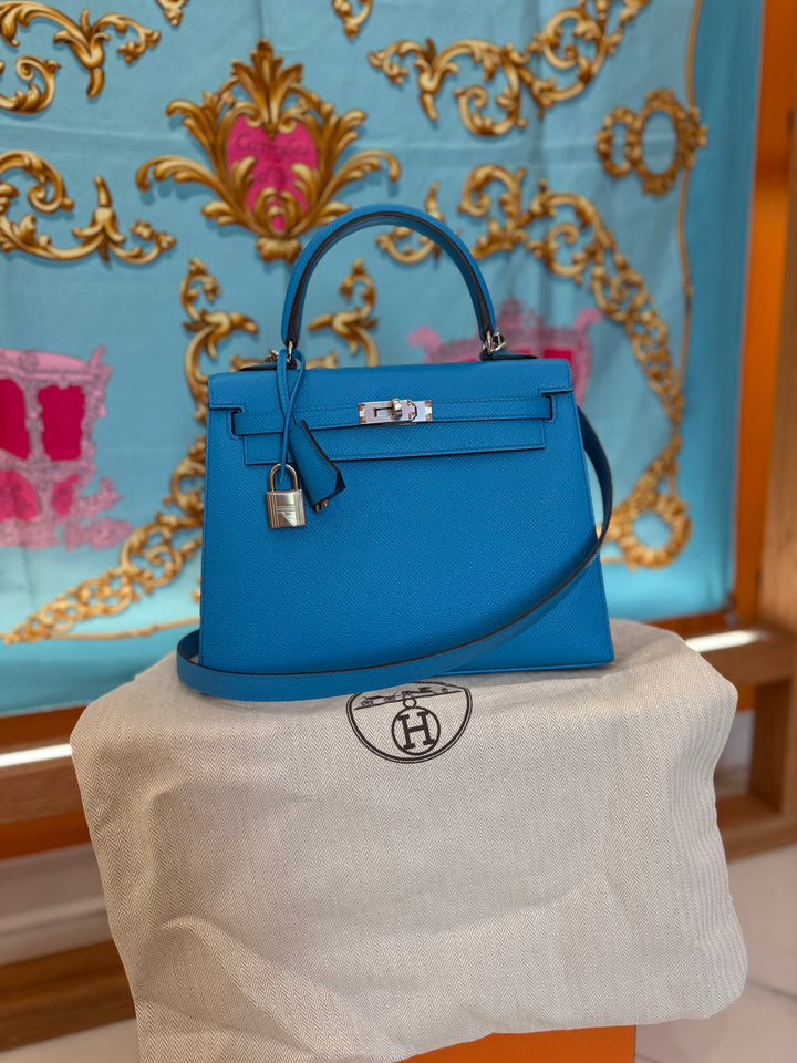 BRAND NEW- Hermes Bleu Frida Blue Epsom Kelly Sellier 25